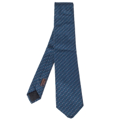 Pre Owned Hermes Marine Blue H Pearl Pattern Heavy Silk Tie