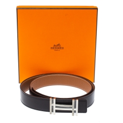 مملوكة مسبقًا Hermes Noir/Gold Togo Leather Palladium Plated H Au Carre Buckle Reversible Belt 100CM