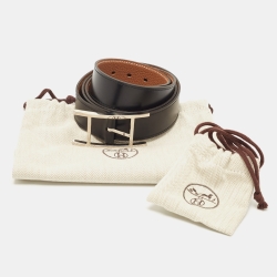 Pre Owned Hermès Gold/Black Togo/Box Leather Hapi Belt 105CM