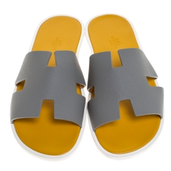 Hermes Grey/Yellow Leather Izmir Flat Slides Size 42