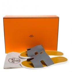 Hermes Grey/Yellow Leather Izmir Flat Slides Size 42
