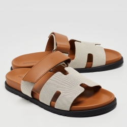 Hermes Beige/Brown Canvas and Leather Chypre Sandals Size 43