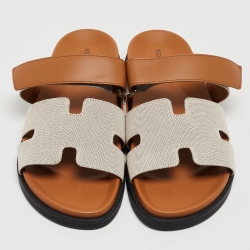 Hermes Beige/Brown Canvas and Leather Chypre Sandals Size 43