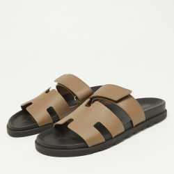 Pre Owned Hermes Brown Leather Chypre Velcro Strap Flat Sandals Size 41