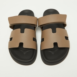 Pre Owned Hermes Brown Leather Chypre Velcro Strap Flat Sandals Size 41