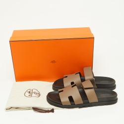 Pre Owned Hermes Brown Leather Chypre Velcro Strap Flat Sandals Size 41