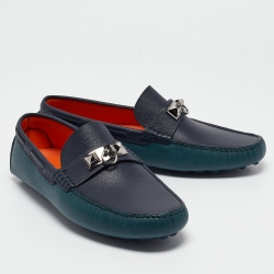 مملوكة مسبقًا Hermès Green/Navy Blue Leather Irving Loafers Size 43.5