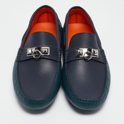مملوكة مسبقًا Hermès Green/Navy Blue Leather Irving Loafers Size 43.5