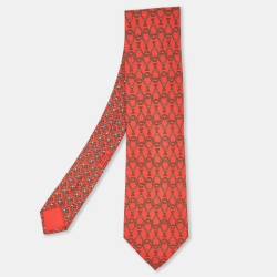Pre Owned Hermes Red Equestrian Print Silk Traditional Tie
