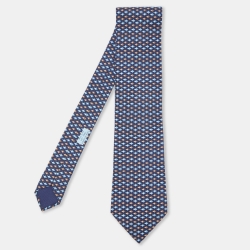 Pre Owned Hermes Navy Blue Fish Print Silk Traditional Tie