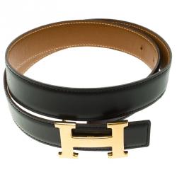 Pre Owned Hermes Black/Brown Leather H Buckle Reversible Belt 80 CM