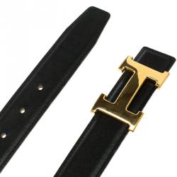 Pre Owned Hermes Black/Brown Leather H Buckle Reversible Belt 80 CM