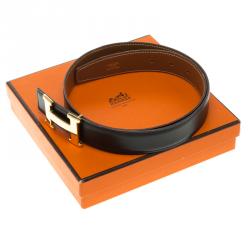 Pre Owned Hermes Black/Brown Leather H Buckle Reversible Belt 80 CM