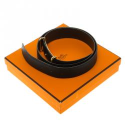 Pre Owned Hermes Black/Dark Brown Fjord Leather Idem Reversible Belt 80CM