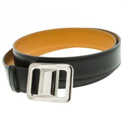Pre Owned Hermes Black/Brown Box Calf Leather Reversible Buckle Belt 85CM