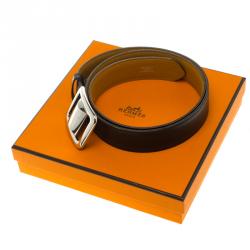 Pre Owned Hermes Black/Brown Box Calf Leather Reversible Buckle Belt 85CM