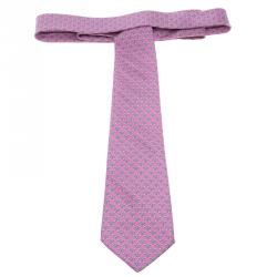 Pre Owned Hermes Pink Chain Link Printed Silk Tie