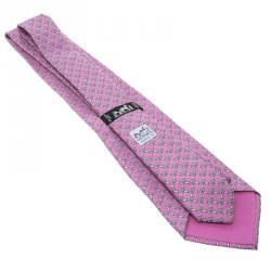 Pre Owned Hermes Pink Chain Link Printed Silk Tie