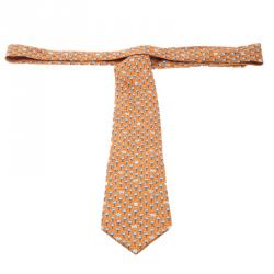 Pre Owned Hermes Orange Elephant and Tree Print Silk Tie