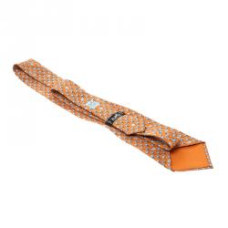 Pre Owned Hermes Orange Elephant and Tree Print Silk Tie