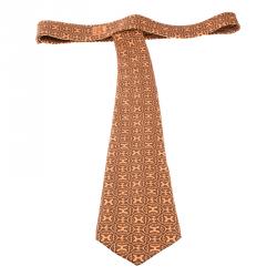 Pre Owned Hermes Orange Cursive H Pattern Printed Silk Tie