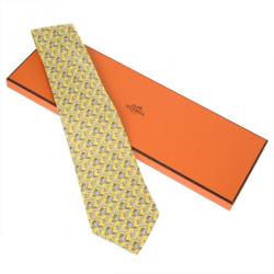 Pre Owned Hermes Yellow Flying Reindeer Print Silk Tie