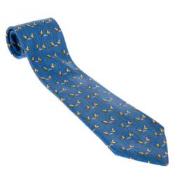 Hermes Blue Bird Print Silk Tie