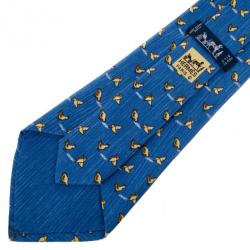 Hermes Blue Bird Print Silk Tie