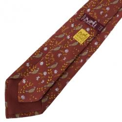 مملوكة مسبقًا Hermes Brown Bird and Flowers Print Silk Tie