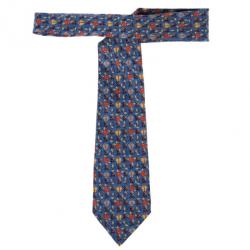 Pre Owned Hermes Blue Butterfly and Floral Print Silk Tie