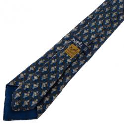 Pre Owned Hermes Blue Ribbon Print Silk Tie