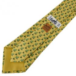 Pre Owned Hermes Yellow Frog Print Silk Vintage Tie