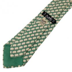 Pre Owned Hermes Green Sheep Print Silk Tie