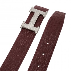 Pre Owned Hermes Burgundy/Black Togo and Box Calf Leather Guillochee H Buckle Reversible Belt 100cm
