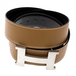 Pre Owned Hermes Brown/Black Swift and Box Calf Leather Constance 2 Buckle Belt 110cm