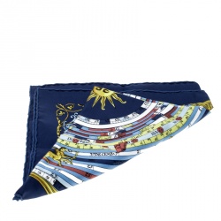 Hermes Navy Blue Printed Silk Dies et Hore Pocket Square