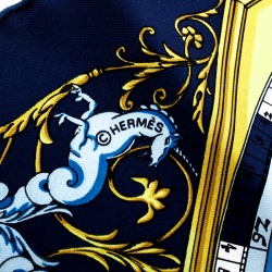 Hermes Navy Blue Printed Silk Dies et Hore Pocket Square