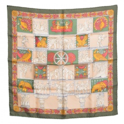 Hermes Green Printed Silk Pocket Square