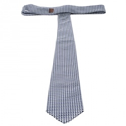 Pre Owned Hermes Navy Blue and White Geometric Pattern Silk Jacquard Tie