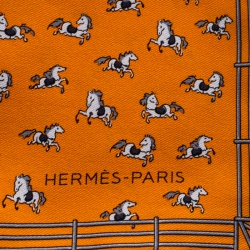 مملوكة مسبقًا Hermes Orange Equestrian Fence Printed Silk Pocket Square