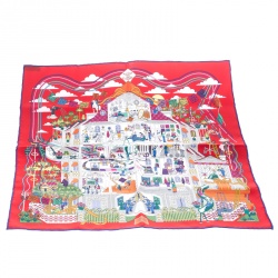 Pre Owned منديل جيب هيرمس لا ميزون دي كاري حرير منقوش أحمر مربع