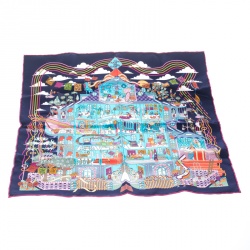 Pre Owned منديل جيب هيرمس حرير بنقوش لا ميزون دي كاريه أزرق كحلي مربع