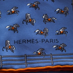 Hermes Blue Equestrian Fence Printed Silk Pocket Square