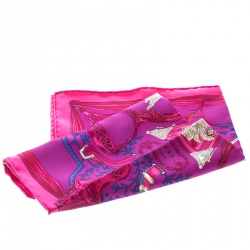 Hermes Pink Etriers Printed Silk Pocket Square