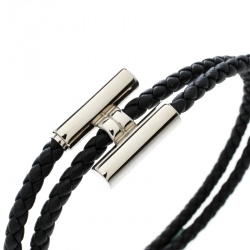 Pre Owned Hermes Tournis Tresse Black Leather Palladium Plated Bracelet