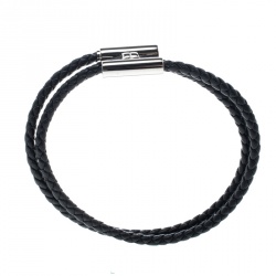 Hermes Tournis Tresse Black Leather Palladium Plated Bracelet Hermes