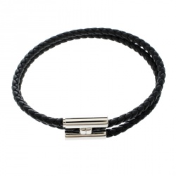 Pre Owned Hermes Tournis Tresse Black Leather Palladium Plated Bracelet
