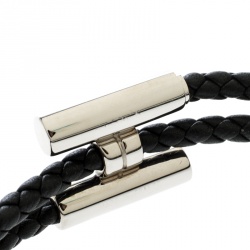 Pre Owned Hermes Tournis Tresse Black Leather Palladium Plated Bracelet