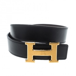 Hermès Black/Dark Brown Leather Reversible Gold Brushed