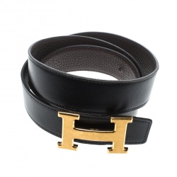 Pre Owned Hermès Black/Dark Brown Leather Reversible Gold Brushed Finished H Buckle Belt 95cm